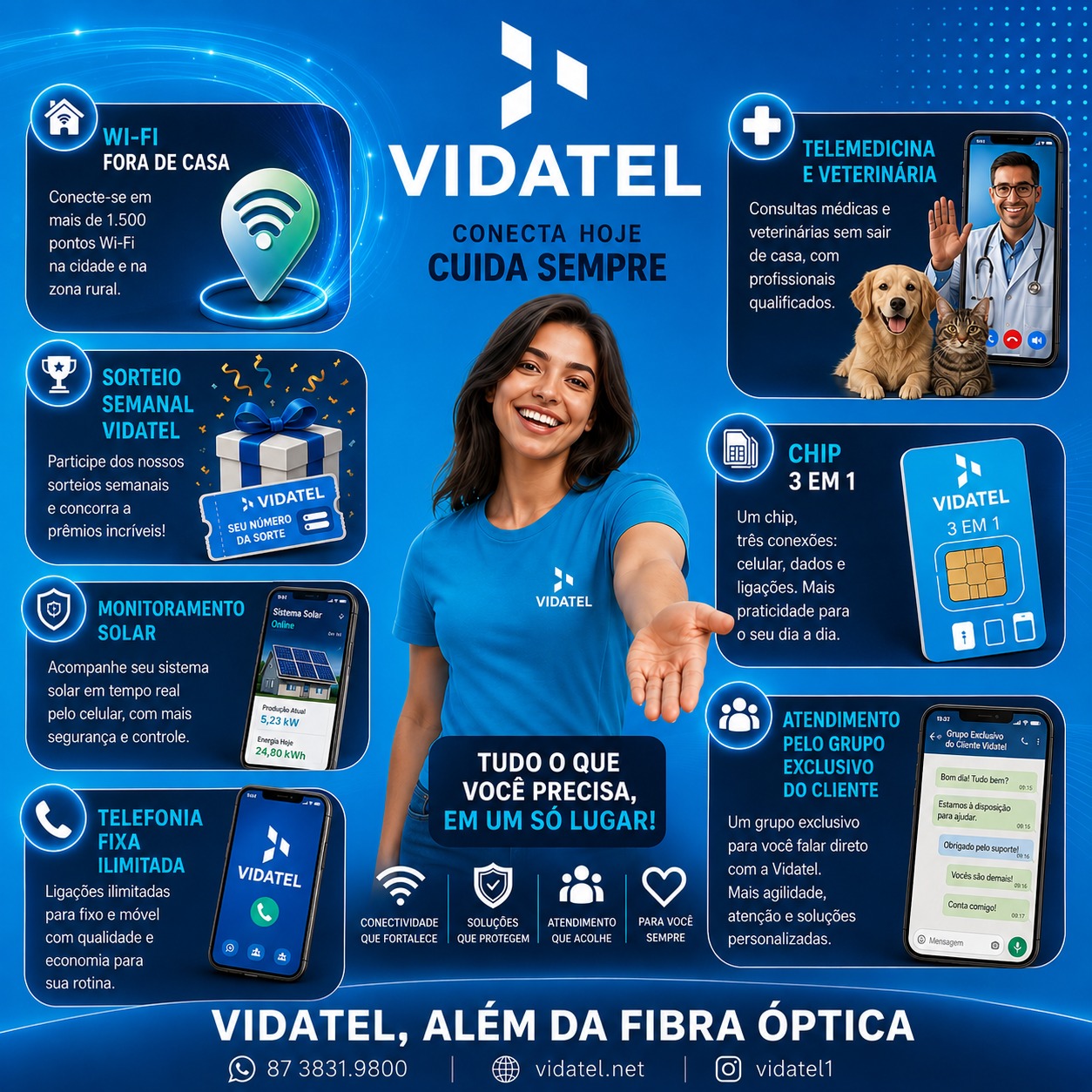 Banner com os diferenciais da Vidatel: Wi-Fi fora de casa, sorteio semanal, monitoramento solar, telefonia fixa ilimitada, telemedicina, Chip 3 em 1 e atendimento exclusivo